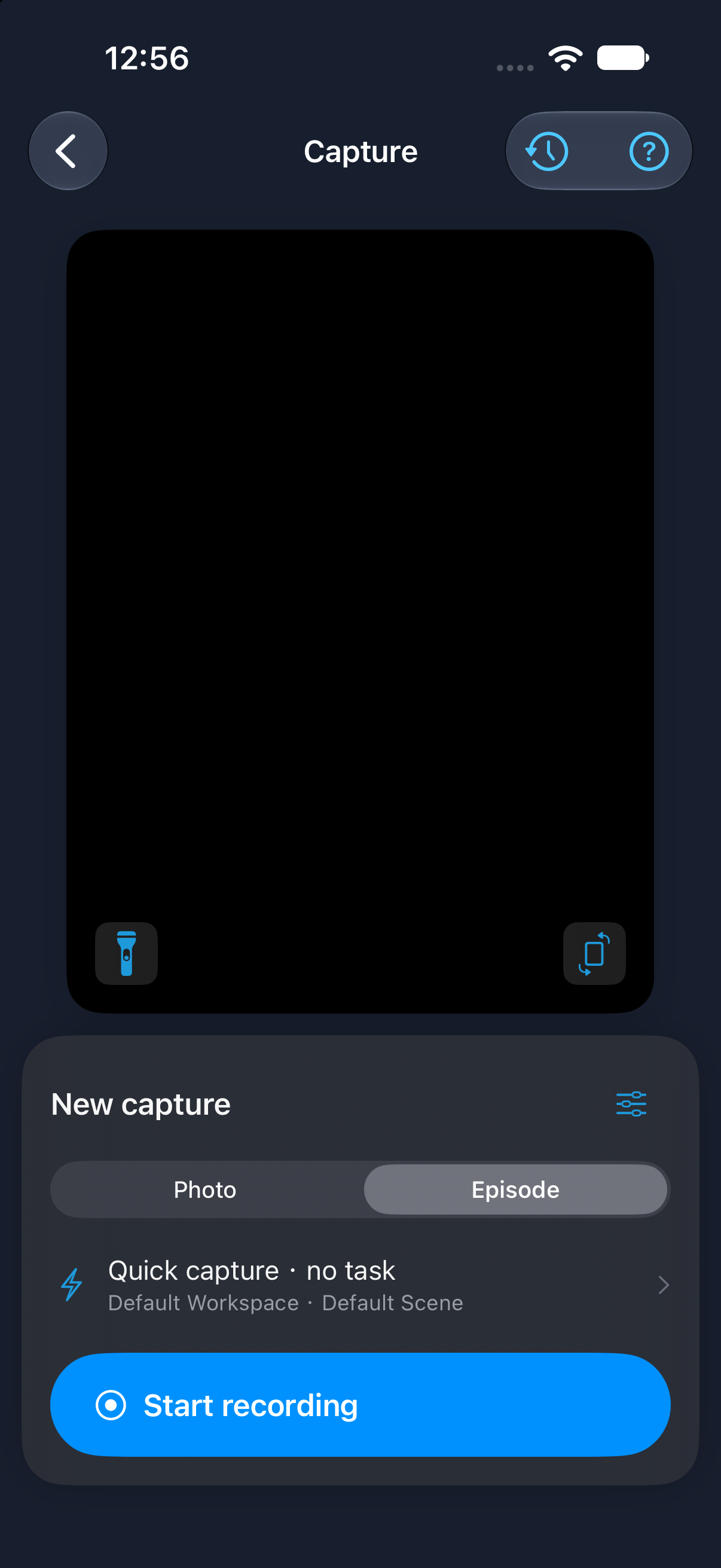 Capture with Photo and Episode choices, capture setup row and Start recording button
