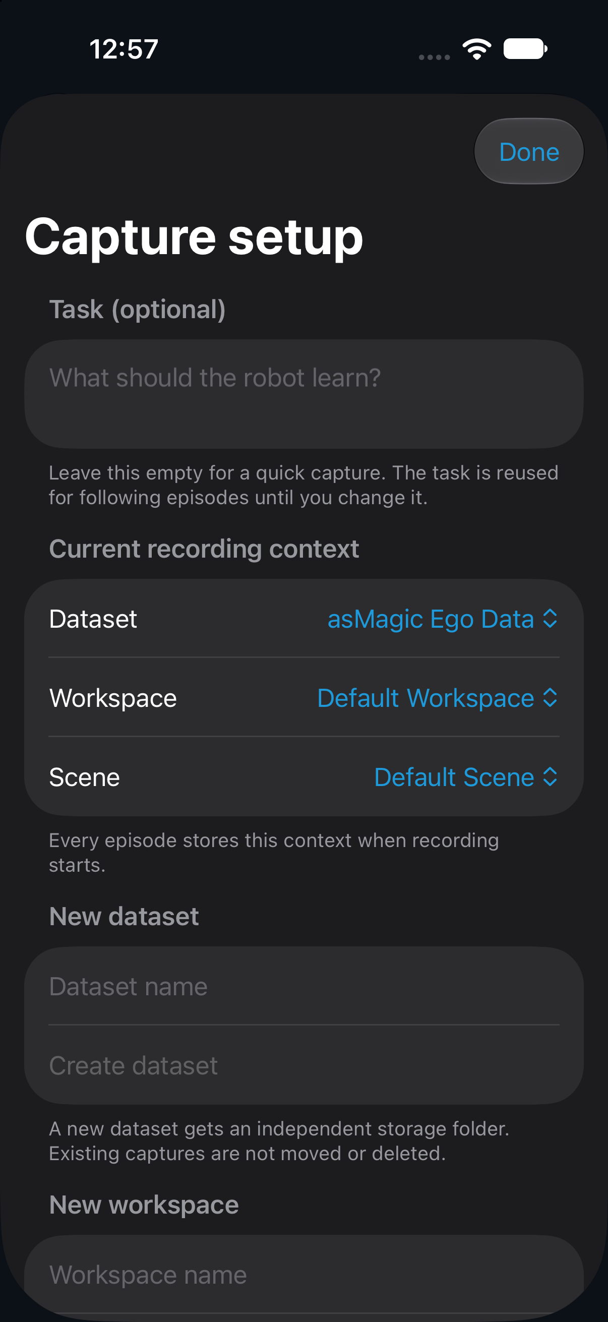 Capture setup sheet with an optional task and Dataset, Workspace and Scene selections